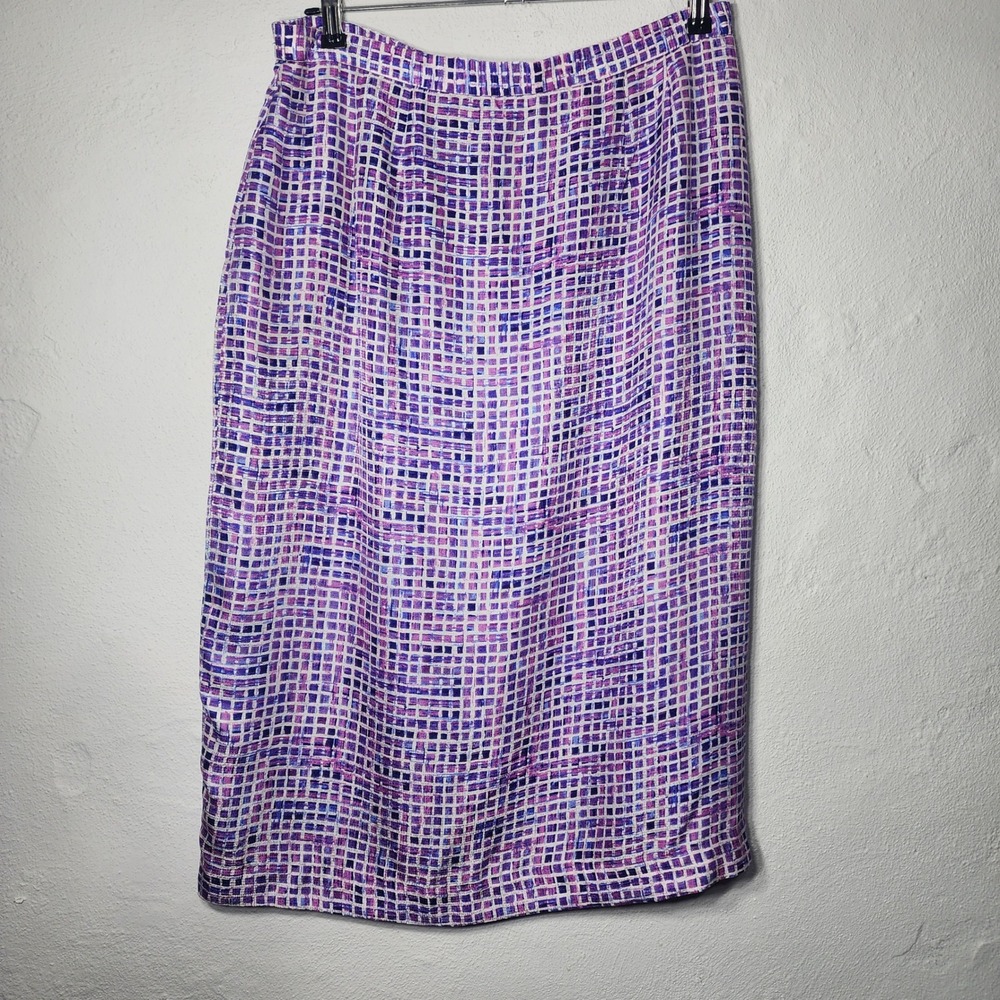 Vintage Silk Midi Skirt 14 Purple Blue Abstract‎ Grid Geometric Career Lined